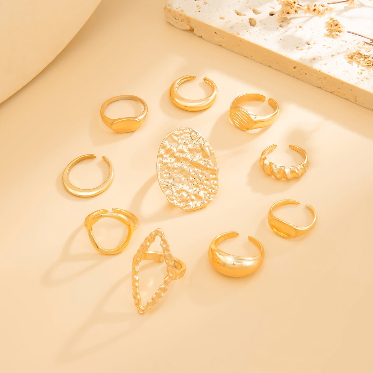 Geometric 10pcs Textured Oval Disk Glossy Hollow Ring Set - ArtGalleryZen