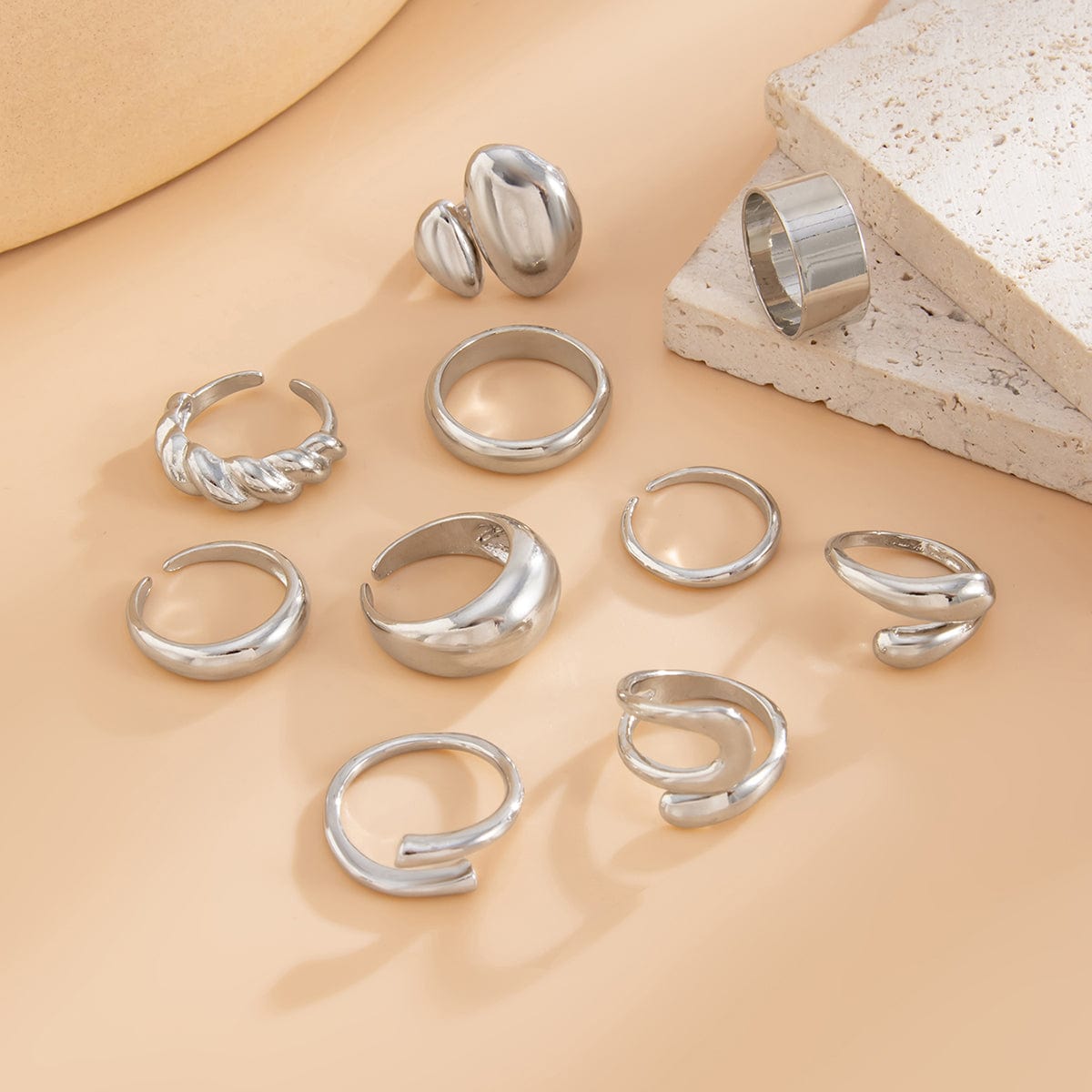 Geometric 10pcs Waterdrop Twisted Hollow Open Ring Set - ArtGalleryZen