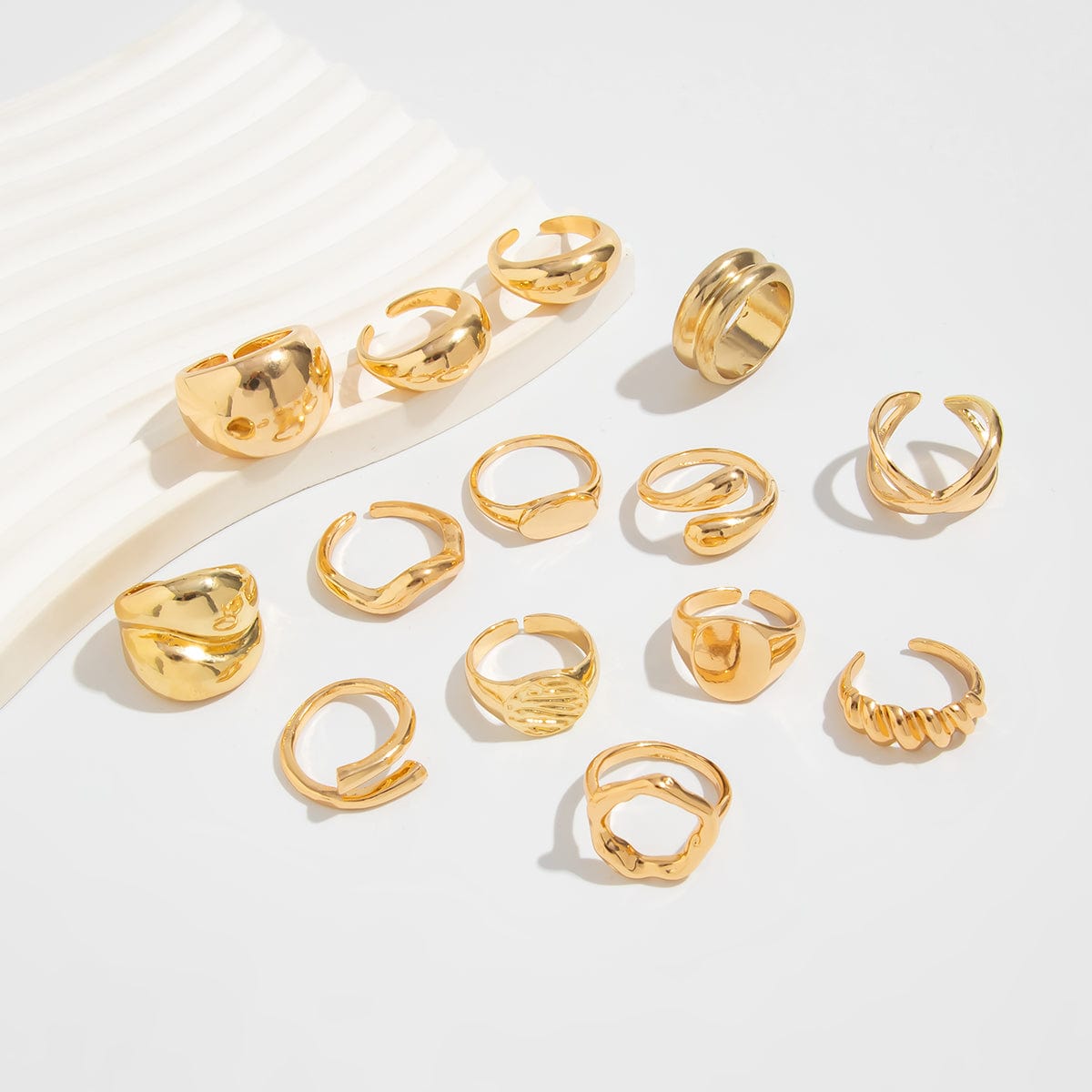 Geometric 14pcs Gold Silver Plated Glossy Hollow Cross Ring Set - ArtGalleryZen