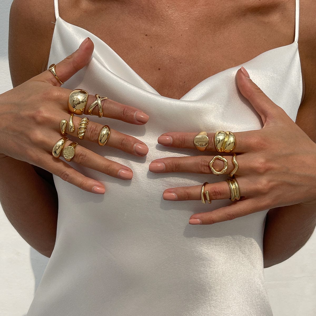Geometric 14pcs Gold Silver Plated Glossy Hollow Cross Ring Set - ArtGalleryZen