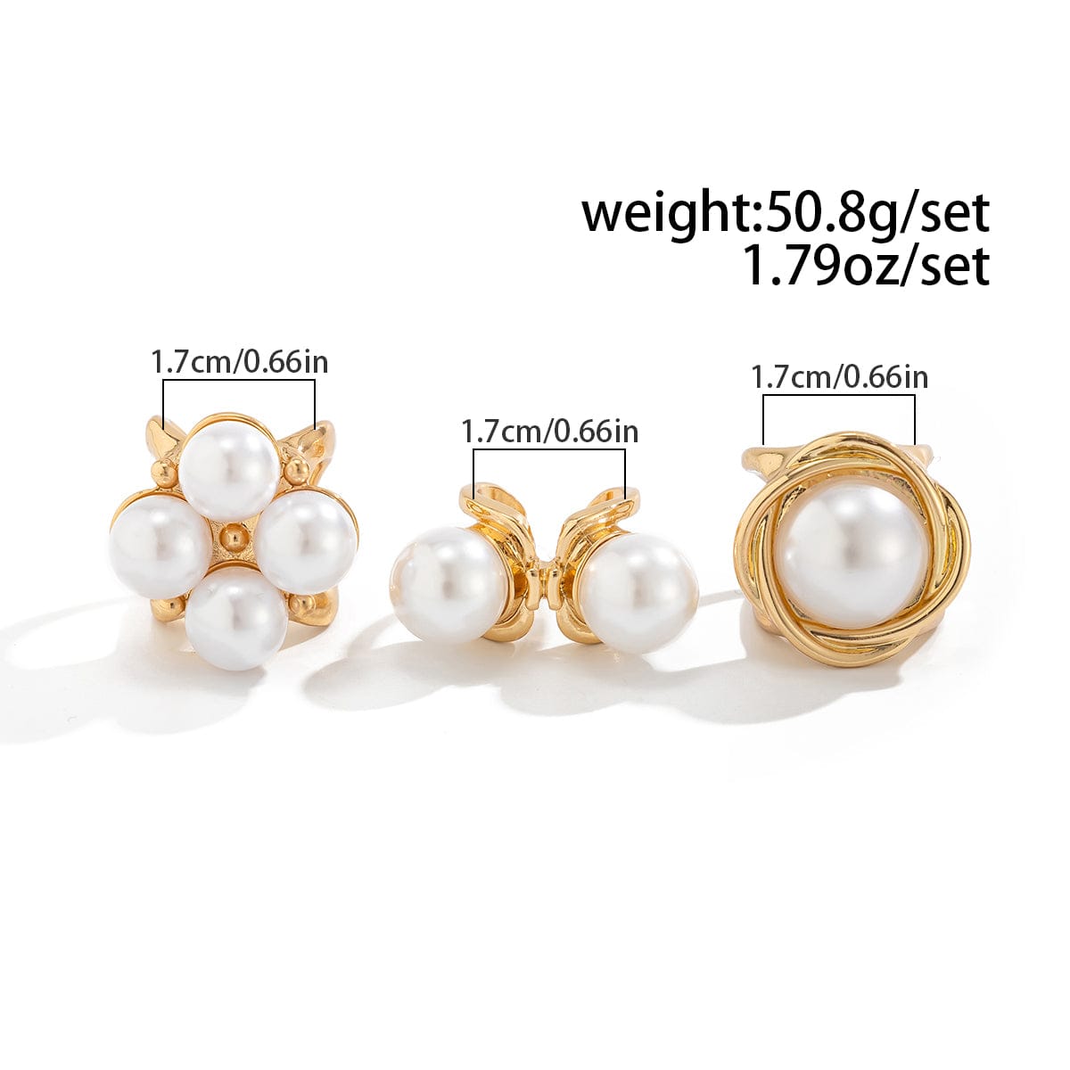 Geometric 3pcs Gold Silver Tone Pearl Inlaid Chunky Ring Set - ArtGalleryZen