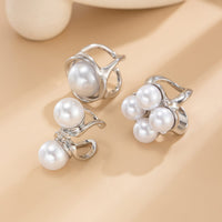 Thumbnail for Geometric 3pcs Gold Silver Tone Pearl Inlaid Chunky Ring Set - ArtGalleryZen