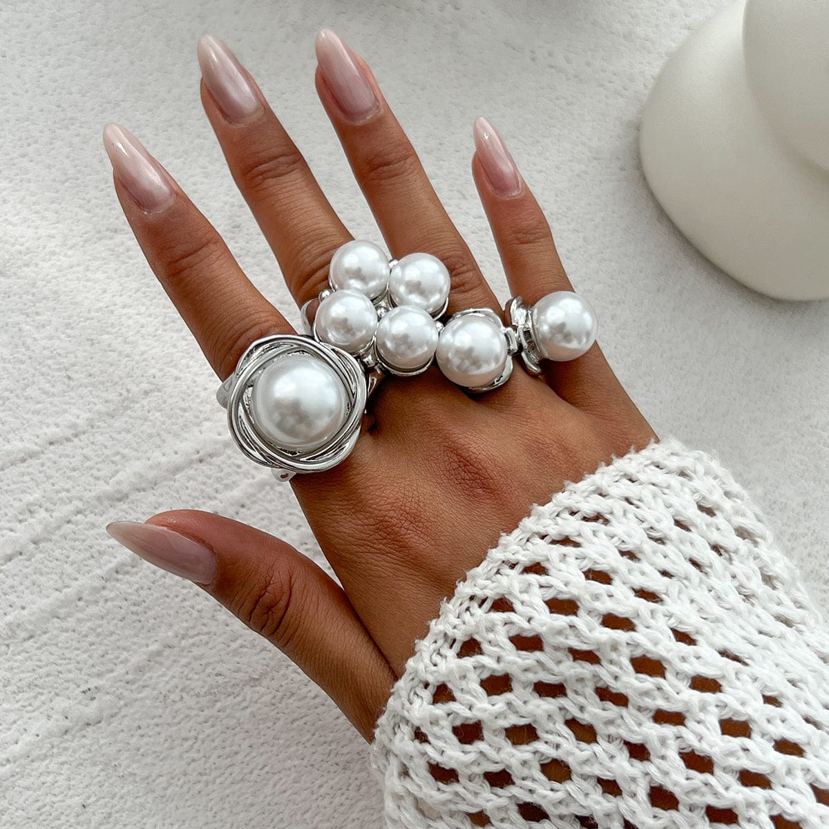 Geometric 3pcs Gold Silver Tone Pearl Inlaid Chunky Ring Set - ArtGalleryZen