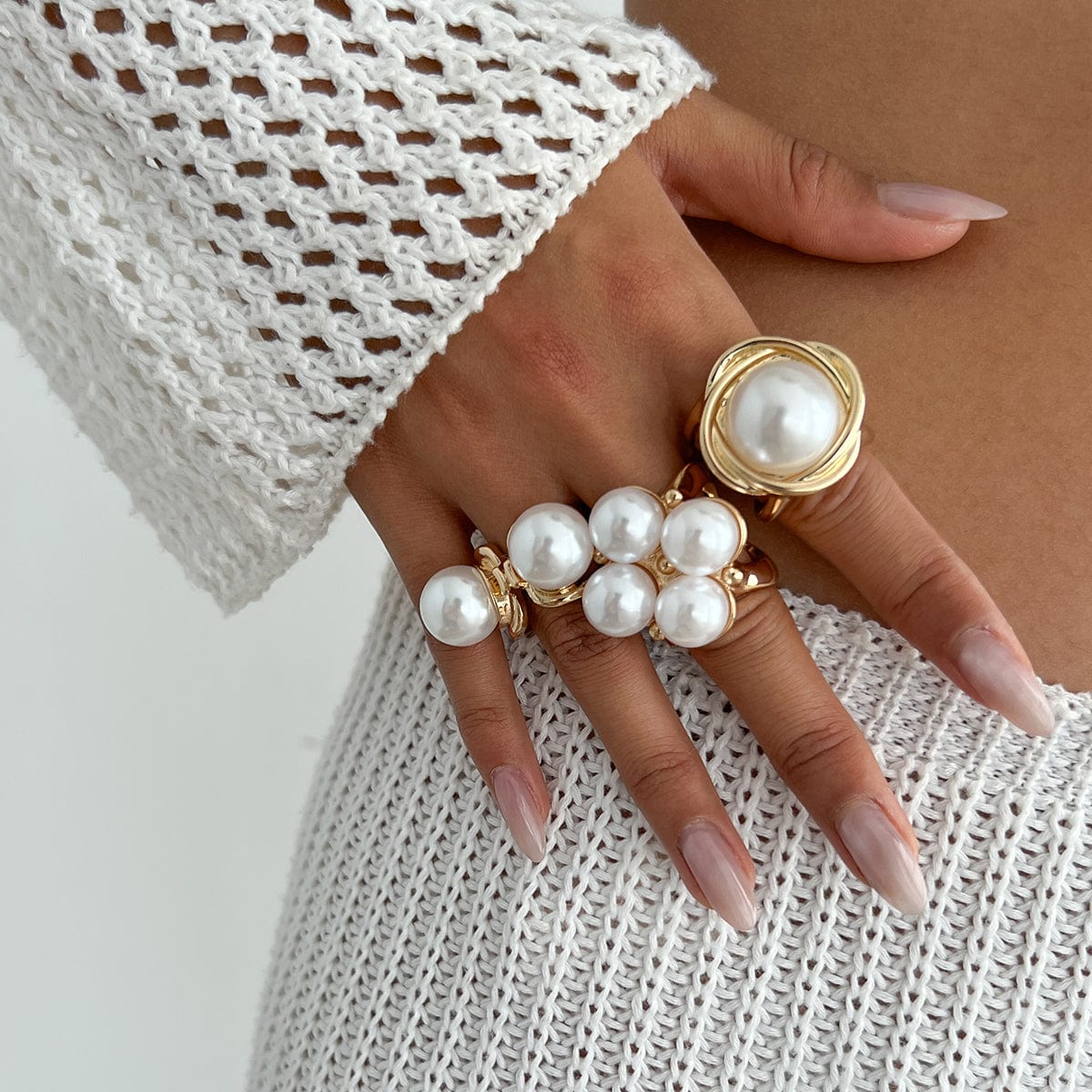 Geometric 3pcs Gold Silver Tone Pearl Inlaid Chunky Ring Set - ArtGalleryZen