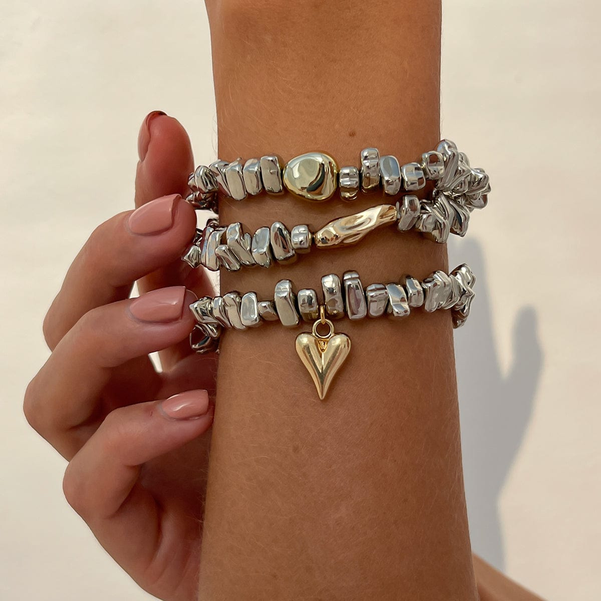 Geometric 3pcs Heart Charm Irregular Beaded Bracelet Set - ArtGalleryZen