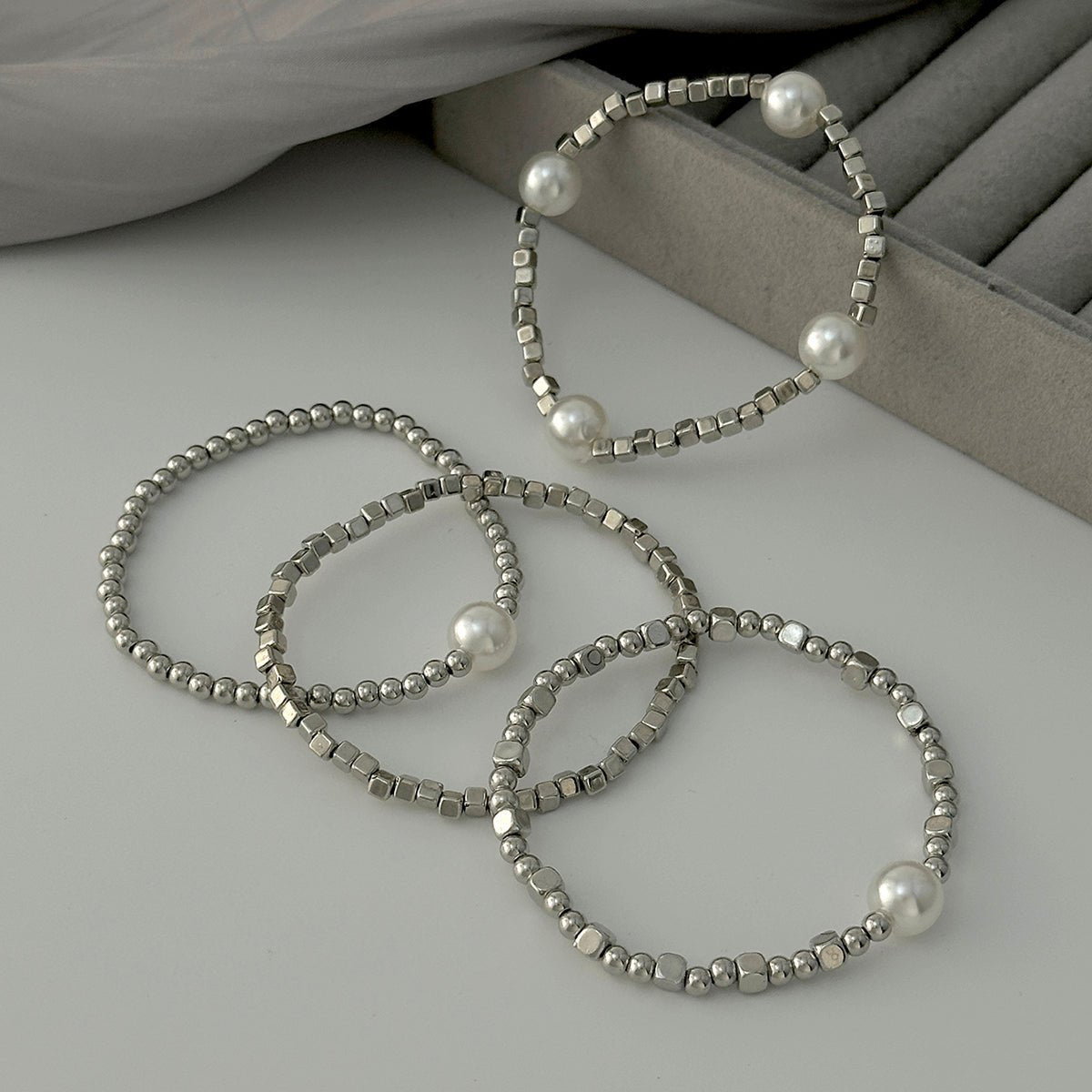 Geometric 4pcs Gold Silver Tone Pearl Square Beaded Bracelet Set - ArtGalleryZen