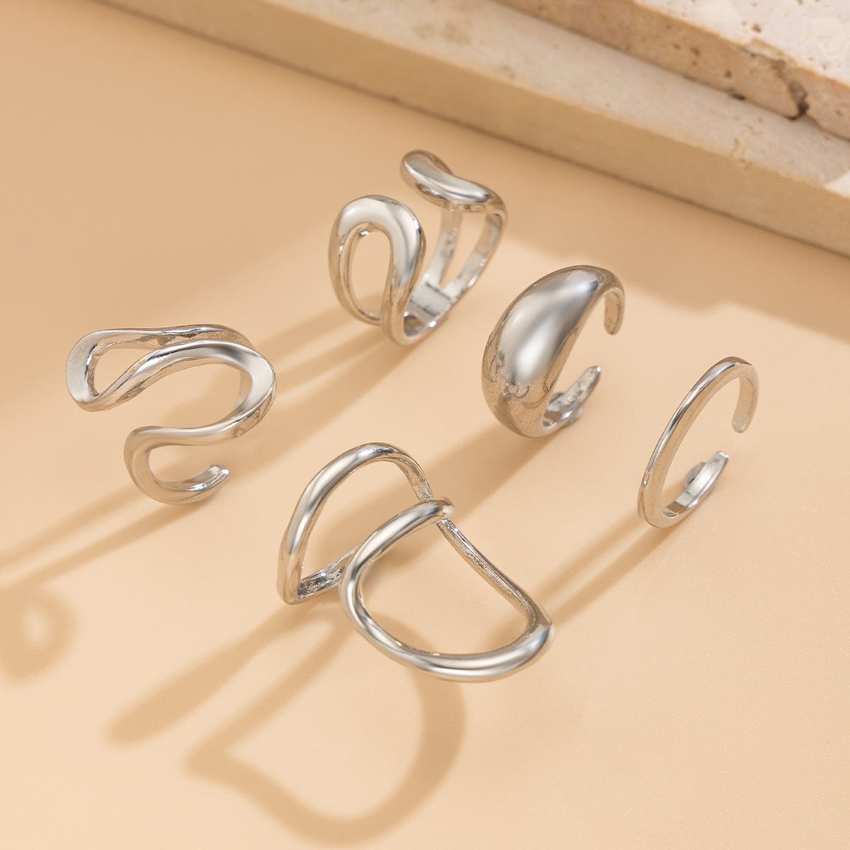 Geometric 5pcs Hollow Curved Pattern Stackable Ring Set - ArtGalleryZen