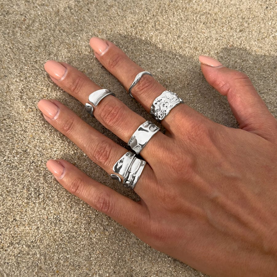 Geometric 6pcs Gold Silver Plated Textured Open Ring Set - ArtGalleryZen