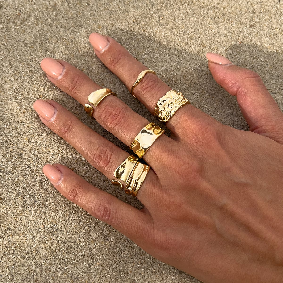 Geometric 6pcs Gold Silver Plated Textured Open Ring Set - ArtGalleryZen