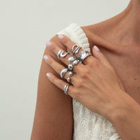 Thumbnail for Geometric 7pcs Gold Silver Tone Chunky Hollow Waterdrop Ring Set - ArtGalleryZen