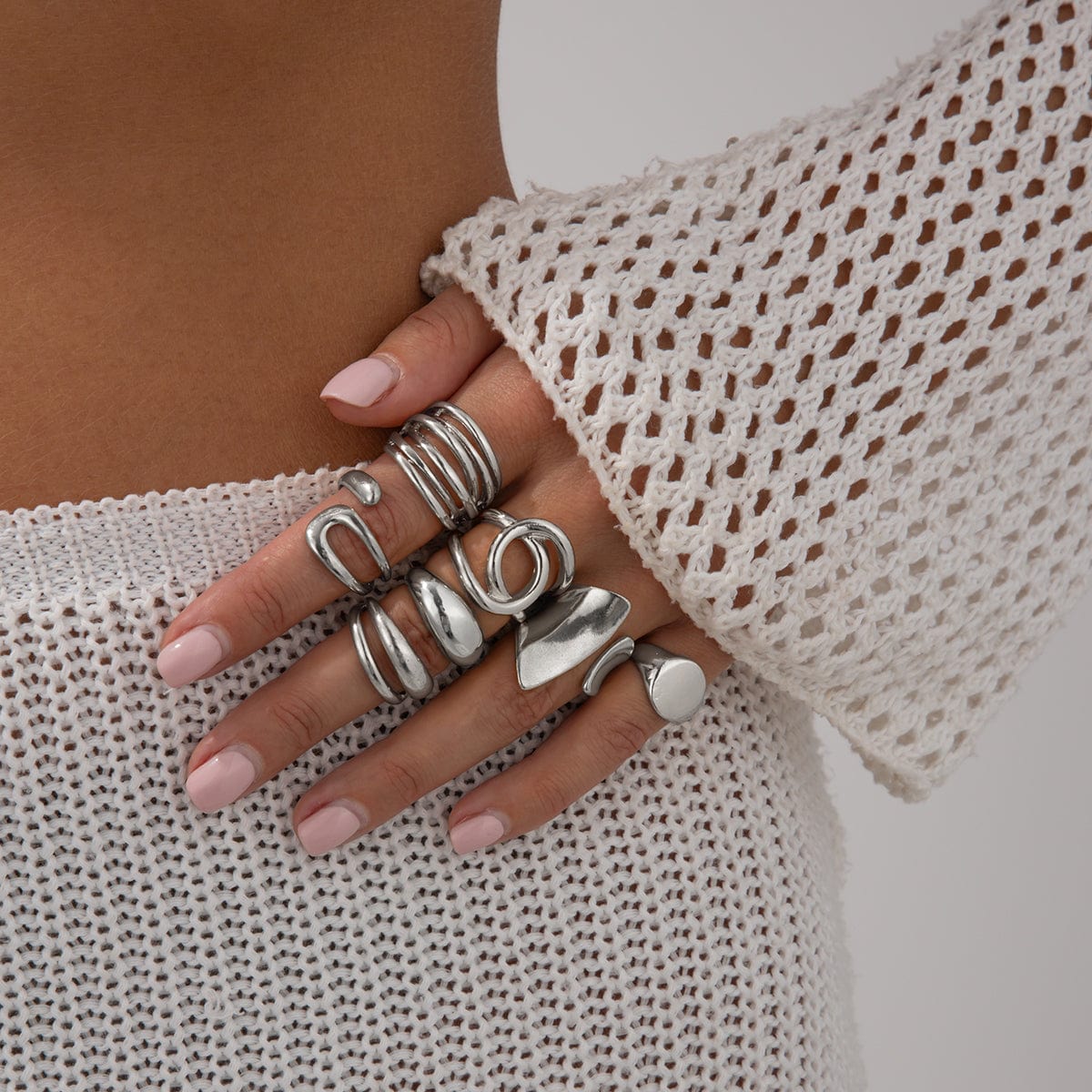 Geometric 7pcs Irregular Curved Chunky Hollow Ring Set - ArtGalleryZen