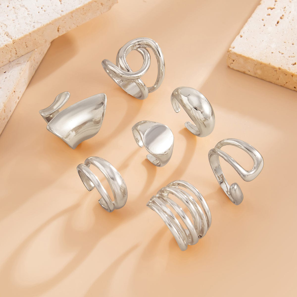Geometric 7pcs Irregular Curved Chunky Hollow Ring Set - ArtGalleryZen