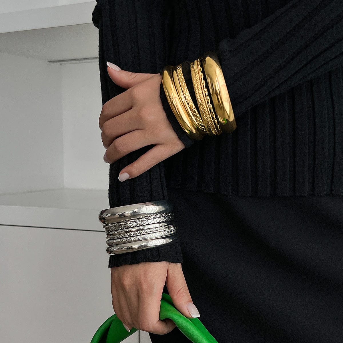 Geometric 8 Pieces Gold Silver Tone Bangle Bracelet Set - ArtGalleryZen
