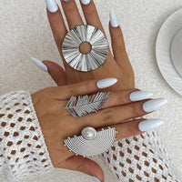 Thumbnail for Geometric Abstract Lotus Leaf Feather Pearl Open Ring Set - ArtGalleryZen
