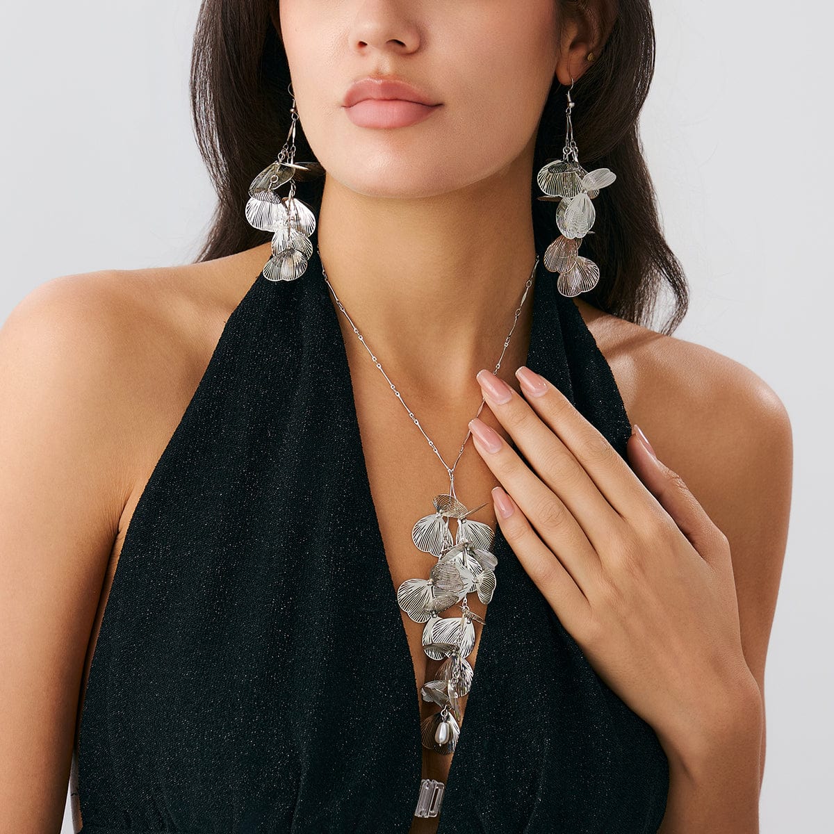 Geometric Chunky Leaf Pendant Y Necklace Earrings Set - ArtGalleryZen