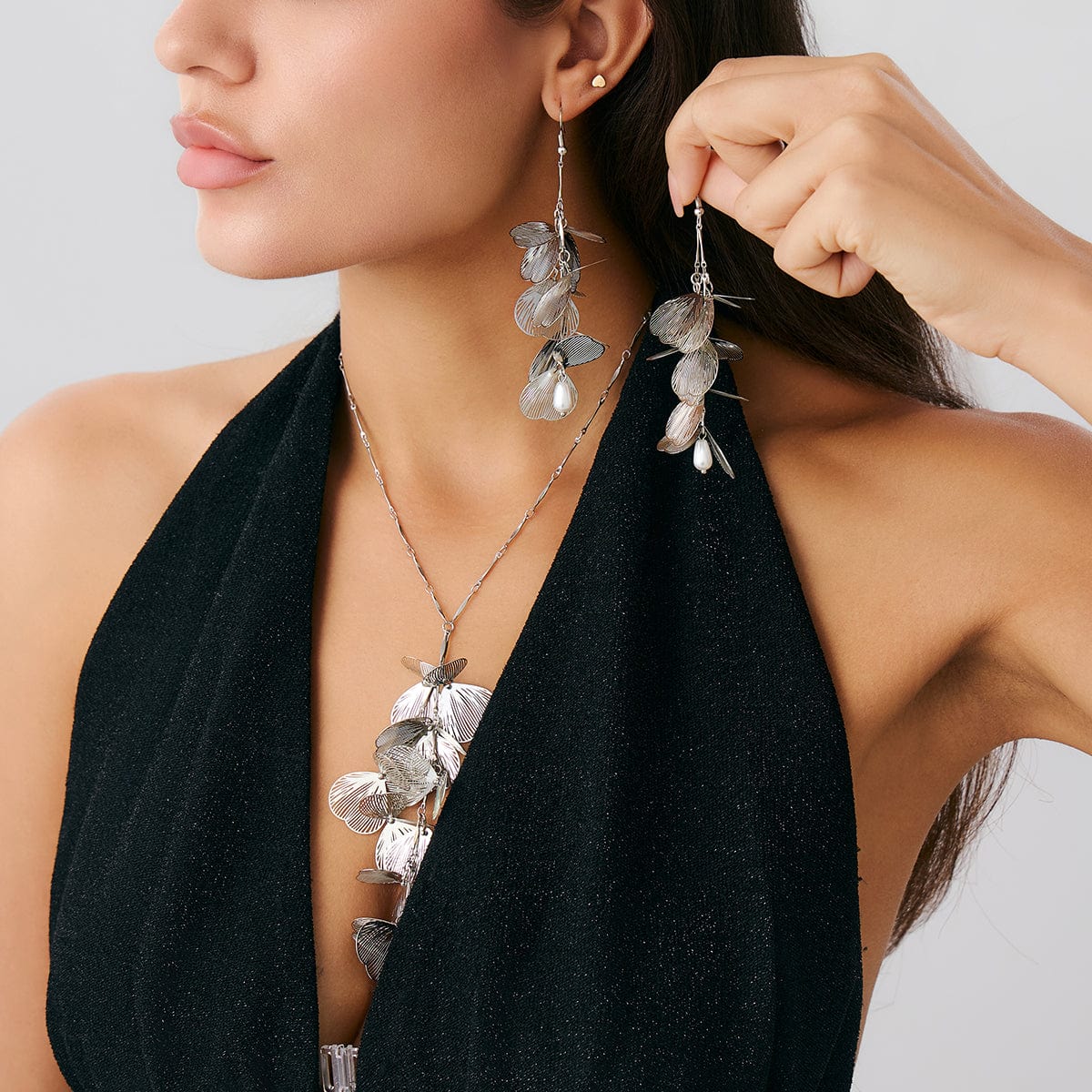 Geometric Chunky Leaf Pendant Y Necklace Earrings Set - ArtGalleryZen
