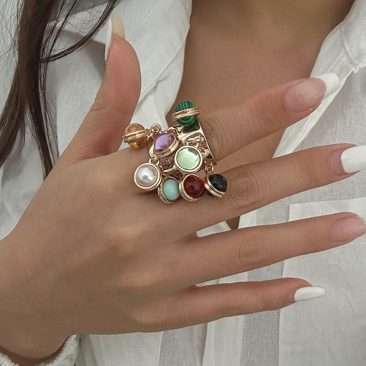 Geometric Chunky Malachite Crystal Pearl Inlaid Tassel Open Ring - ArtGalleryZen