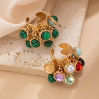 Thumbnail for Geometric Chunky Malachite Crystal Pearl Inlaid Tassel Open Ring - ArtGalleryZen