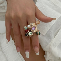 Thumbnail for Geometric Chunky Malachite Crystal Pearl Inlaid Tassel Open Ring - ArtGalleryZen