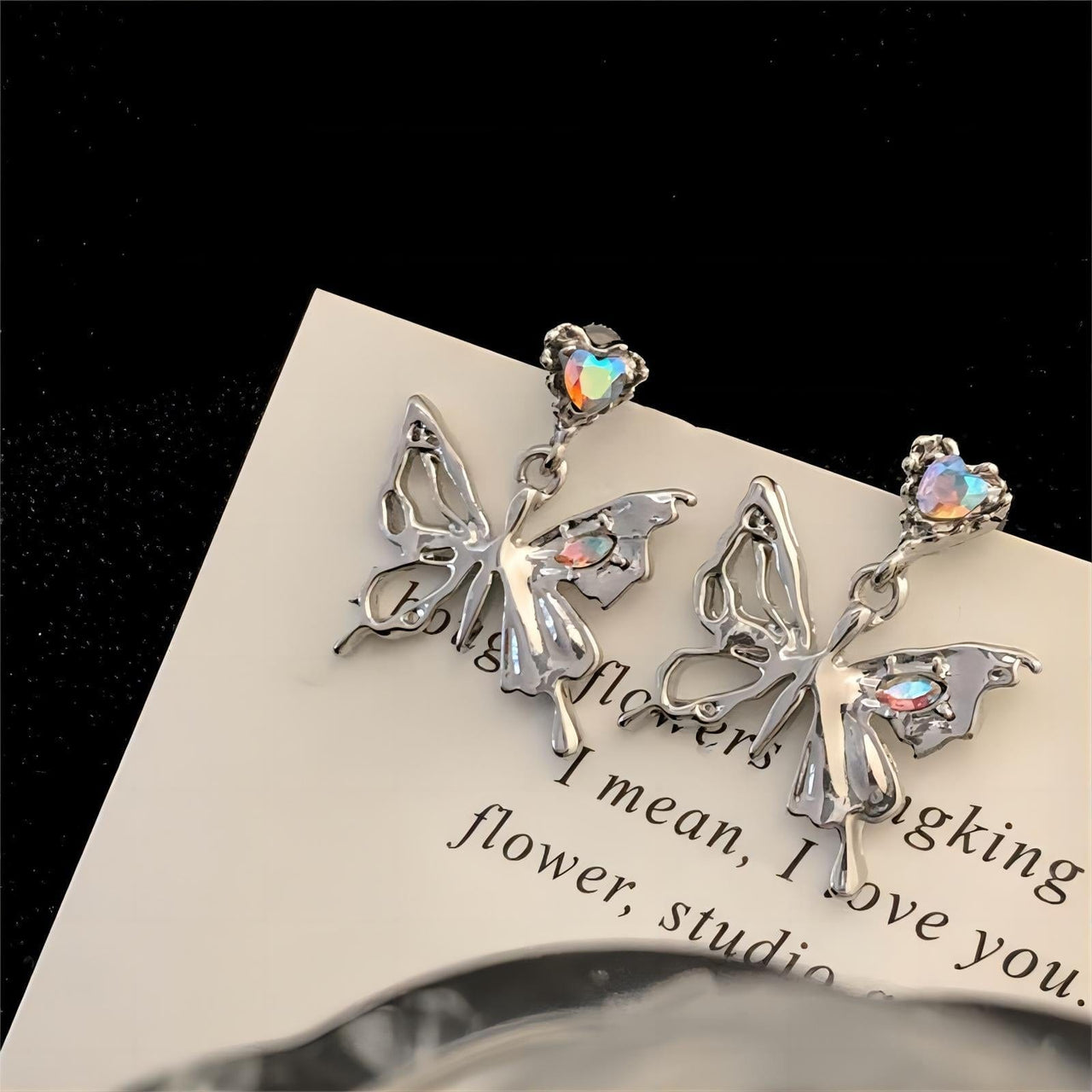 Geometric Crystal Inlaid Dangling Butterfly Earrings - ArtGalleryZen