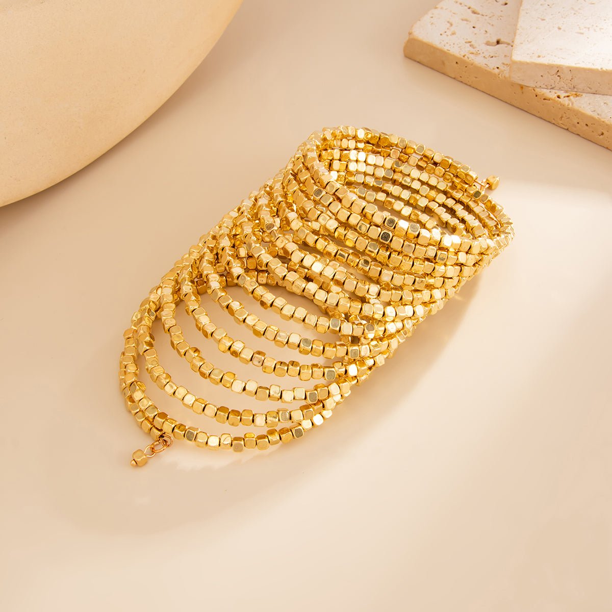 Geometric Gold Silver Square Beaded Bracelet Layered Two Tone - ArtGalleryZen