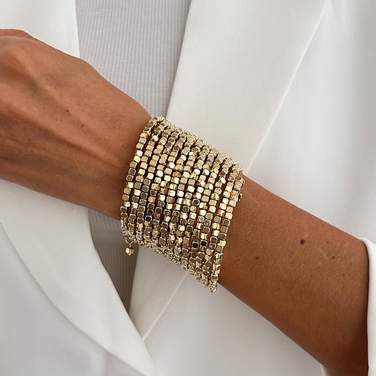 Geometric Gold Silver Square Beaded Bracelet Layered Two Tone - ArtGalleryZen