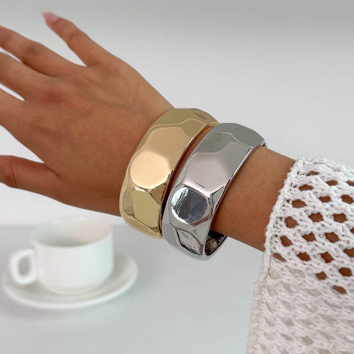 Geometric Gold Silver Tone Cut Surface Bangle Bracelet - ArtGalleryZen