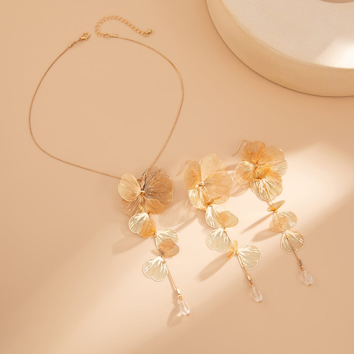 Geometric Gold Silver Tone Leaf Crystal Pendant Y Necklace Earrings Set - ArtGalleryZen