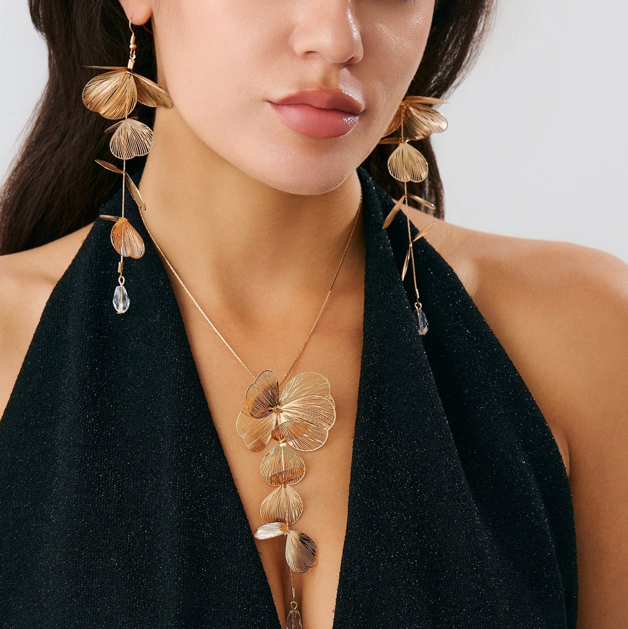 Geometric Gold Silver Tone Leaf Crystal Pendant Y Necklace Earrings Set - ArtGalleryZen