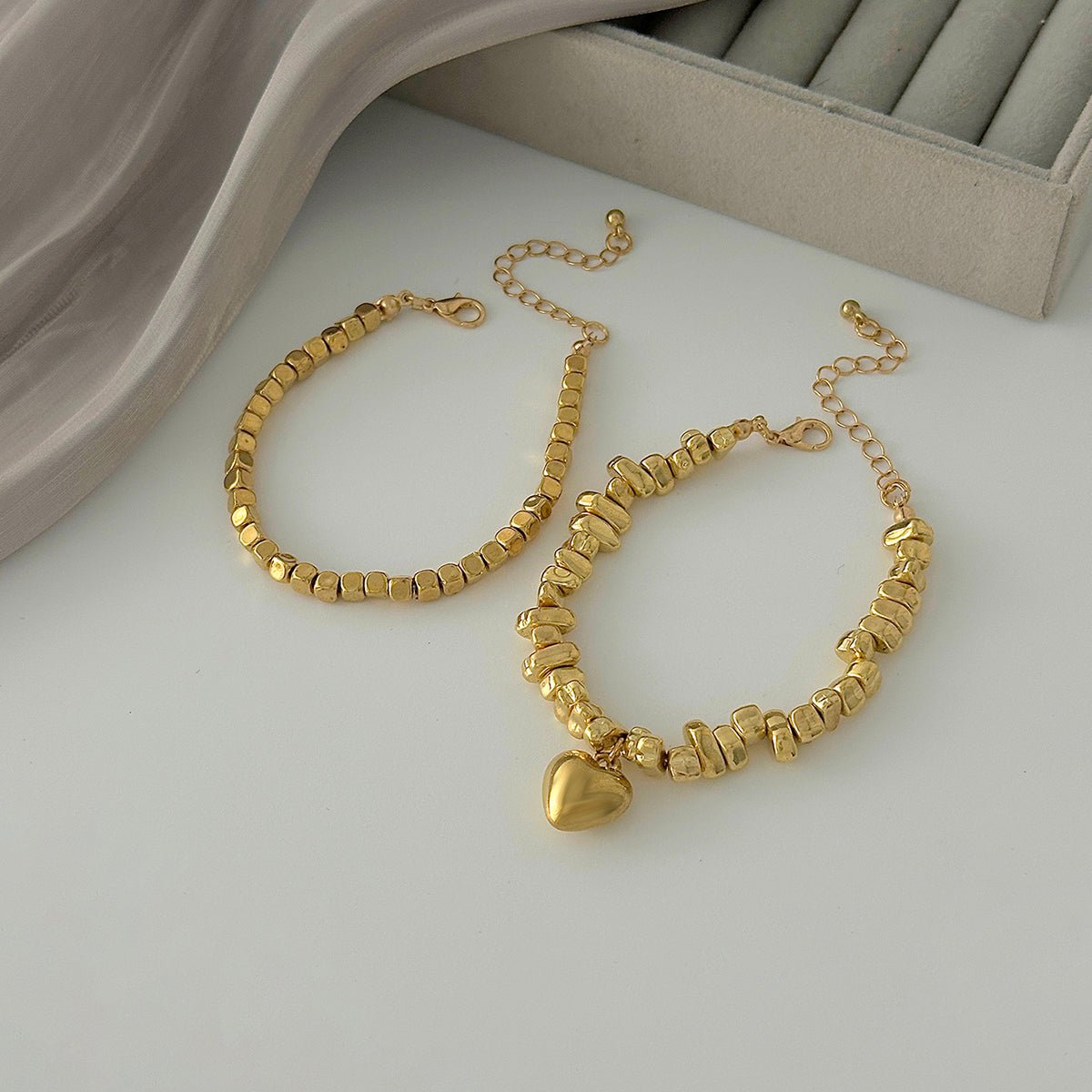 Geometric Heart Pendant Square Beaded Bracelet Set Gold Silver - ArtGalleryZen