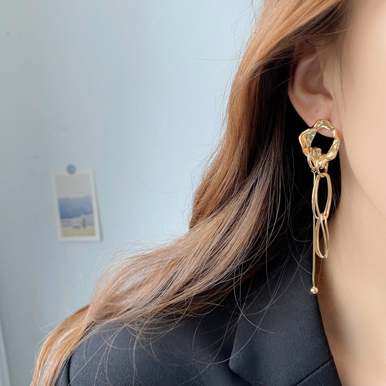 Geometric Irregular Hoop Chain Tassel Flow Lava Earrings - ArtGalleryZen