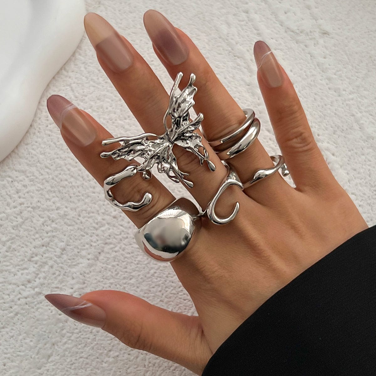 Geometric Liquid Butterfly Stackable Open Ring Set - ArtGalleryZen