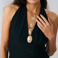 Thumbnail for Geometric Textured Irregular Oval Disk Charm Collar Choker Y Necklace - ArtGalleryZen