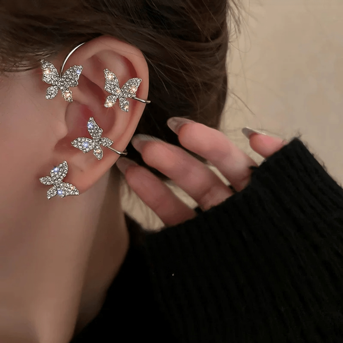 Glitter Crystal Inlaid Butterfly Ear Cuff Climber Crawler Wrap Earring - ArtGalleryZen
