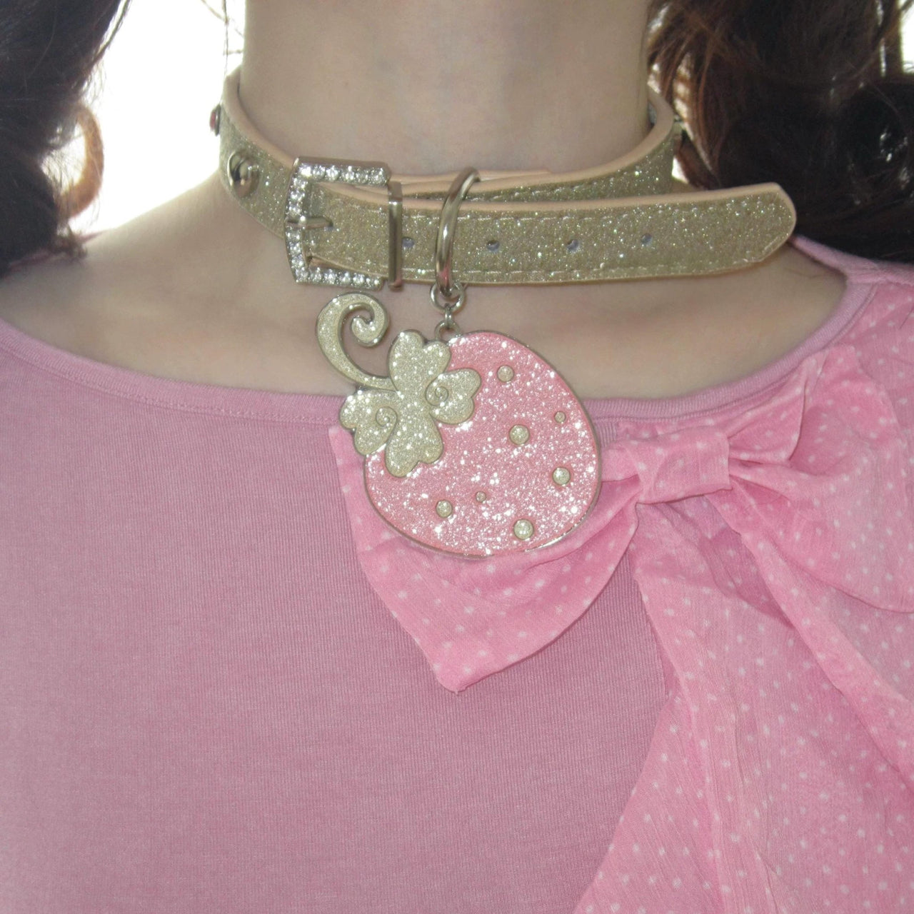 Glitter Enamel Strawberry Pendant PU Leather Collar Choker Necklace - ArtGalleryZen