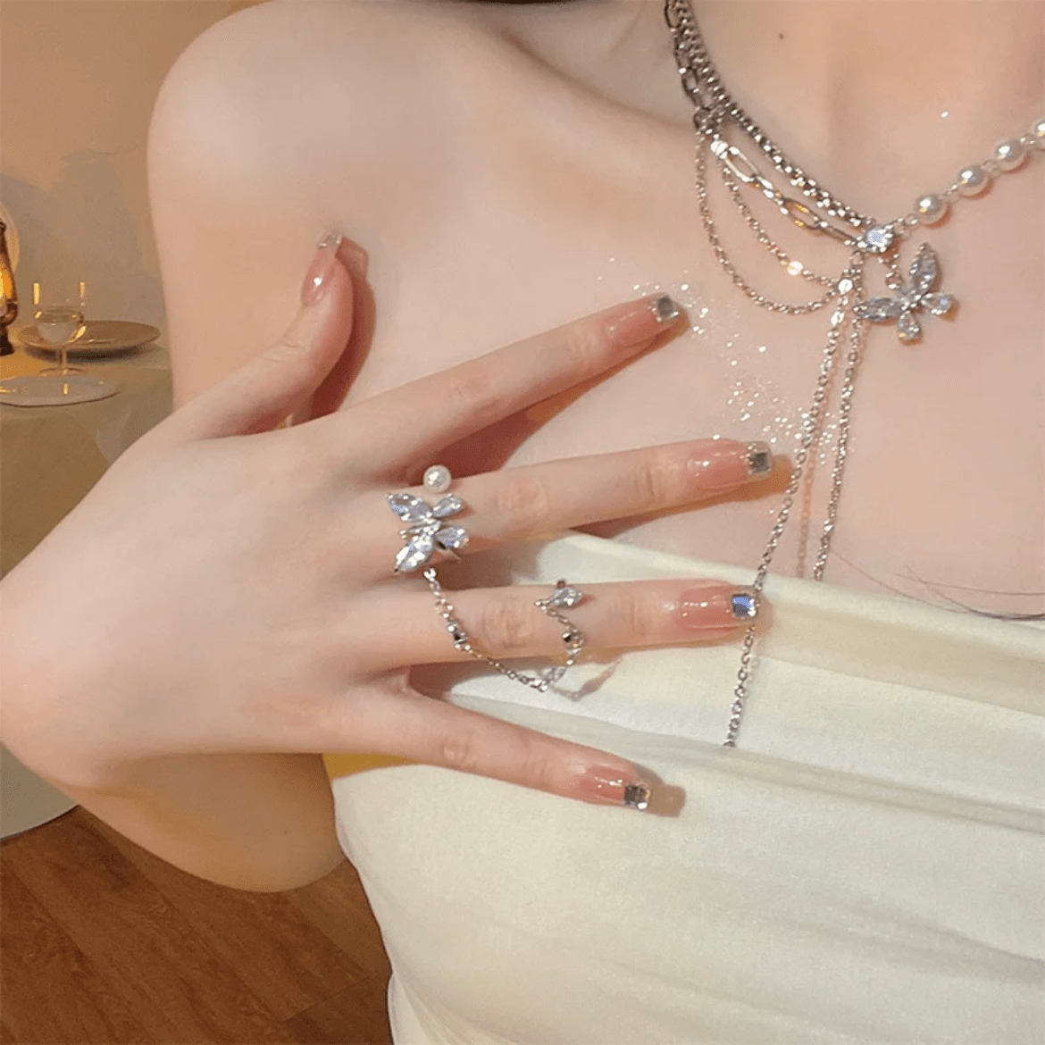 Glitter Layered Crystal Inlaid Butterfly Pearl Chain Y Necklace Ring Set - ArtGalleryZen