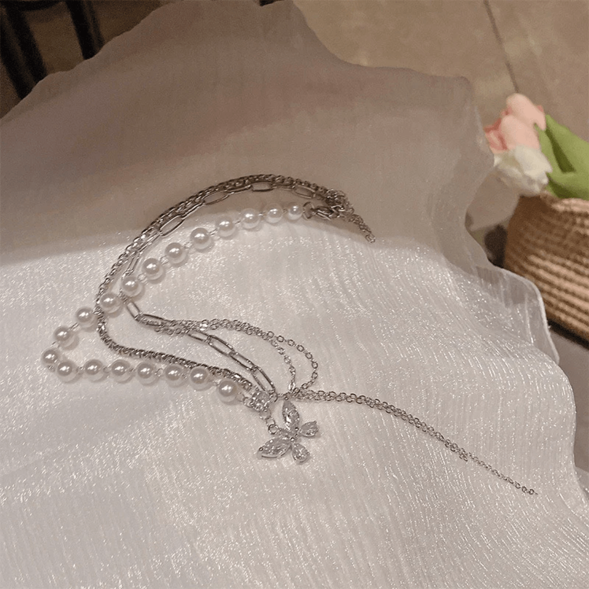 Glitter Layered Crystal Inlaid Butterfly Pearl Chain Y Necklace Ring Set - ArtGalleryZen