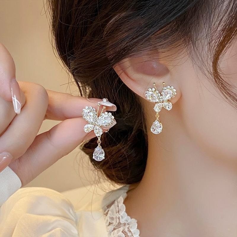 Glitter Rhinestone Dangle CZ Butterfly Earrings - ArtGalleryZen