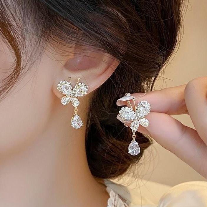 Glitter Rhinestone Dangle CZ Butterfly Earrings - ArtGalleryZen