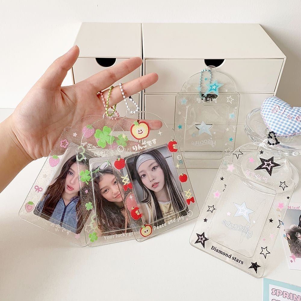 Glitter Strawberry Apple Lucky Clover Star Kpop Keychain Photocard Holder - ArtGalleryZen