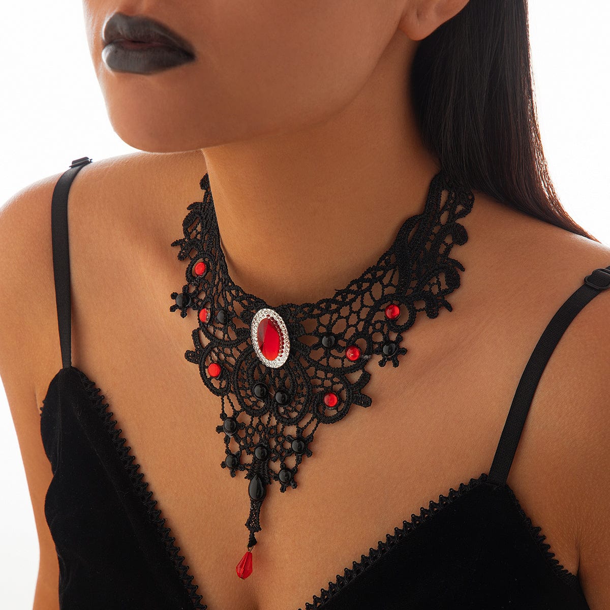 Gothic Crystal Inlaid Cross Charm Floral Lace Choker Necklace - ArtGalleryZen
