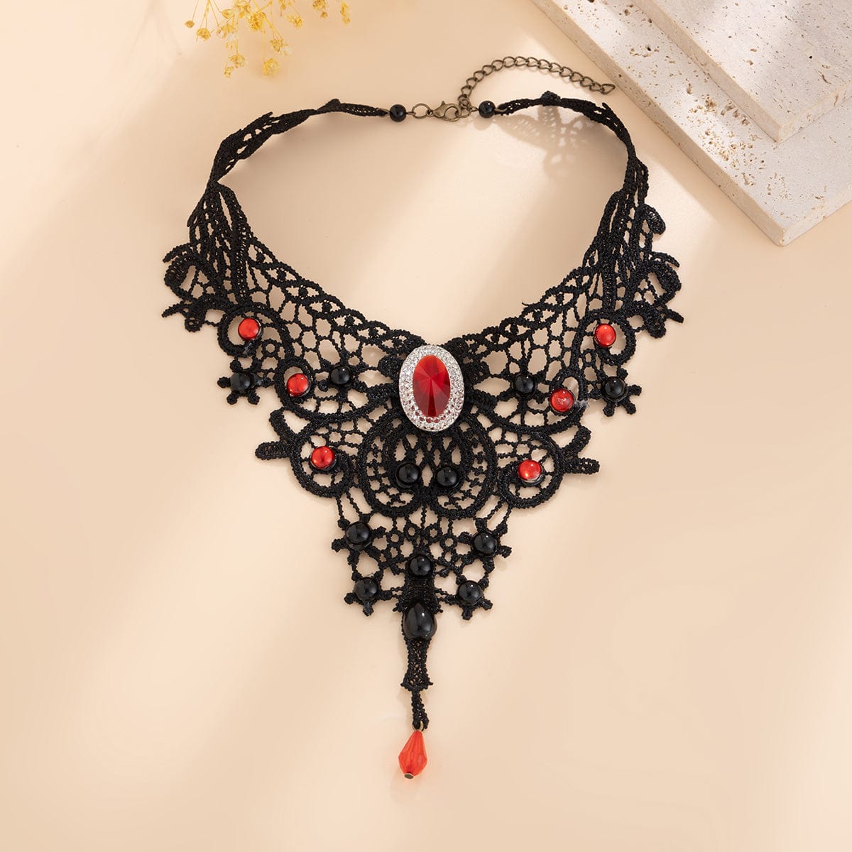 Gothic Crystal Inlaid Cross Charm Floral Lace Choker Necklace - ArtGalleryZen