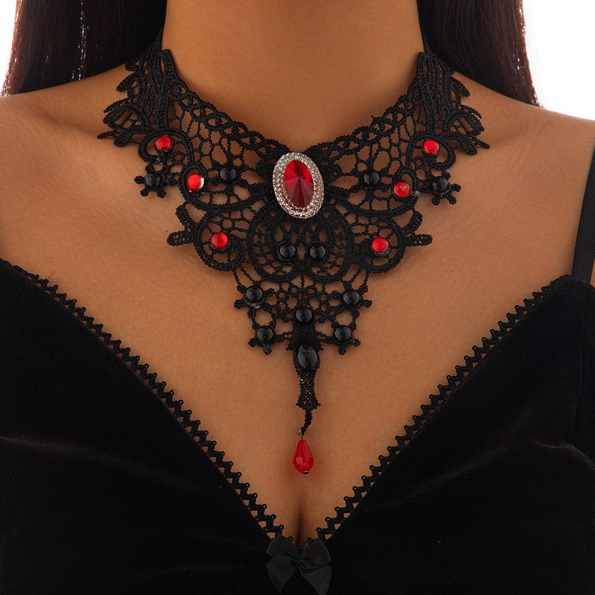Gothic Crystal Inlaid Cross Charm Floral Lace Choker Necklace - ArtGalleryZen