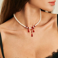 Thumbnail for Gothic Crystal Tassel Blood Drop Pearl Chain Choker Necklace - ArtGalleryZen