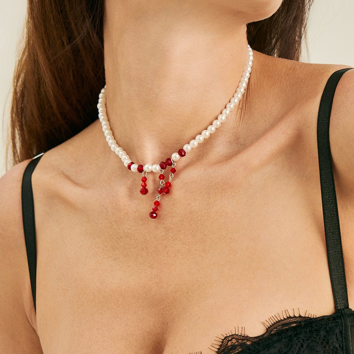 Gothic Crystal Tassel Blood Drop Pearl Chain Choker Necklace - ArtGalleryZen