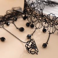 Thumbnail for Gothic Crystal Tassel Floral Lace Finger Ring Bracelet Necklace Set - ArtGalleryZen