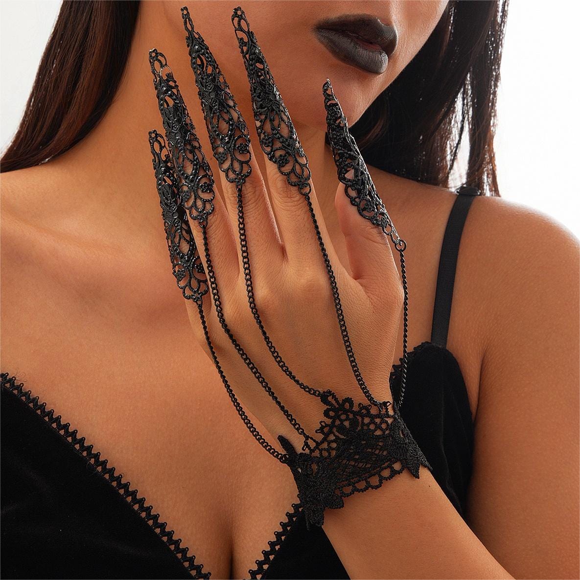 Gothic Floral Lace Five Finger Armor Nails Mittens Bracelet - ArtGalleryZen