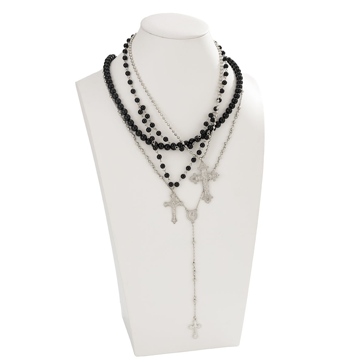 Gothic Layered Cross Long Ball Chain Y Necklace Set - ArtGalleryZen