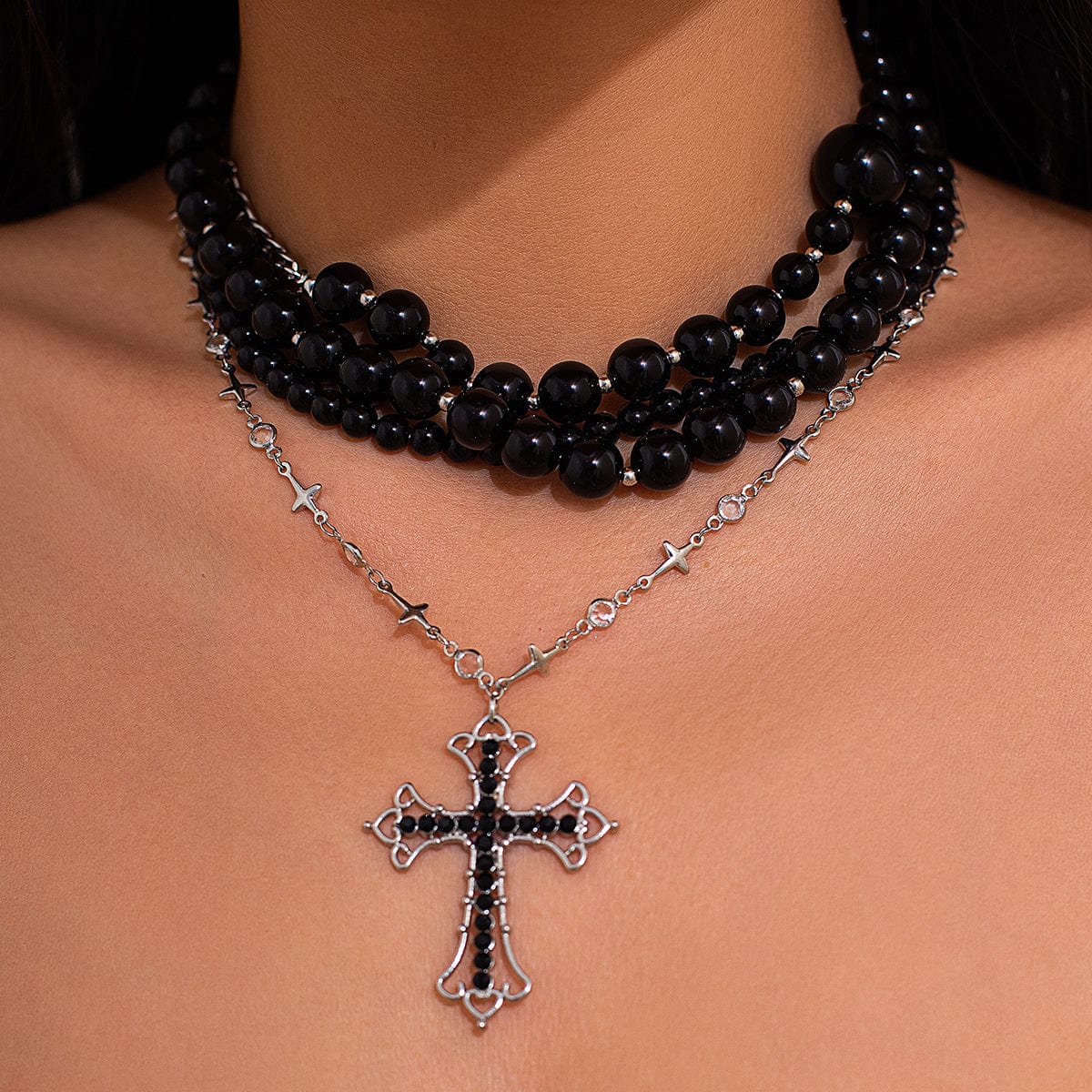 Gothic Layered Cross Pendant Acrylic Beaded Necklace - ArtGalleryZen