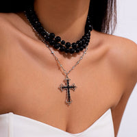 Thumbnail for Gothic Layered Cross Pendant Acrylic Beaded Necklace - ArtGalleryZen